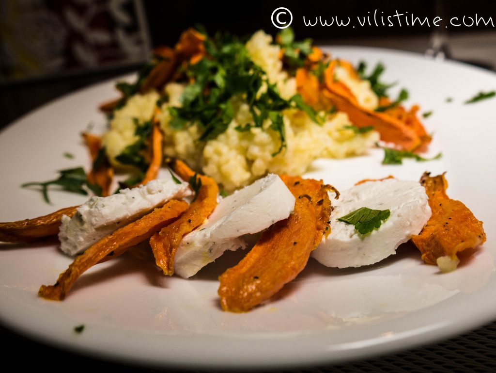 Millet salad with baked carrots and goat cheese