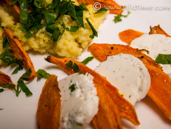 Millet salad with baked carrots and goat cheese